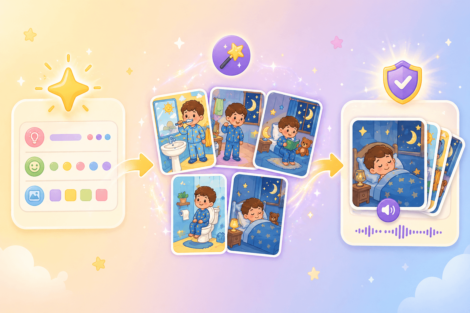 Illustrated flow from a topic idea to generated flashcards with audio