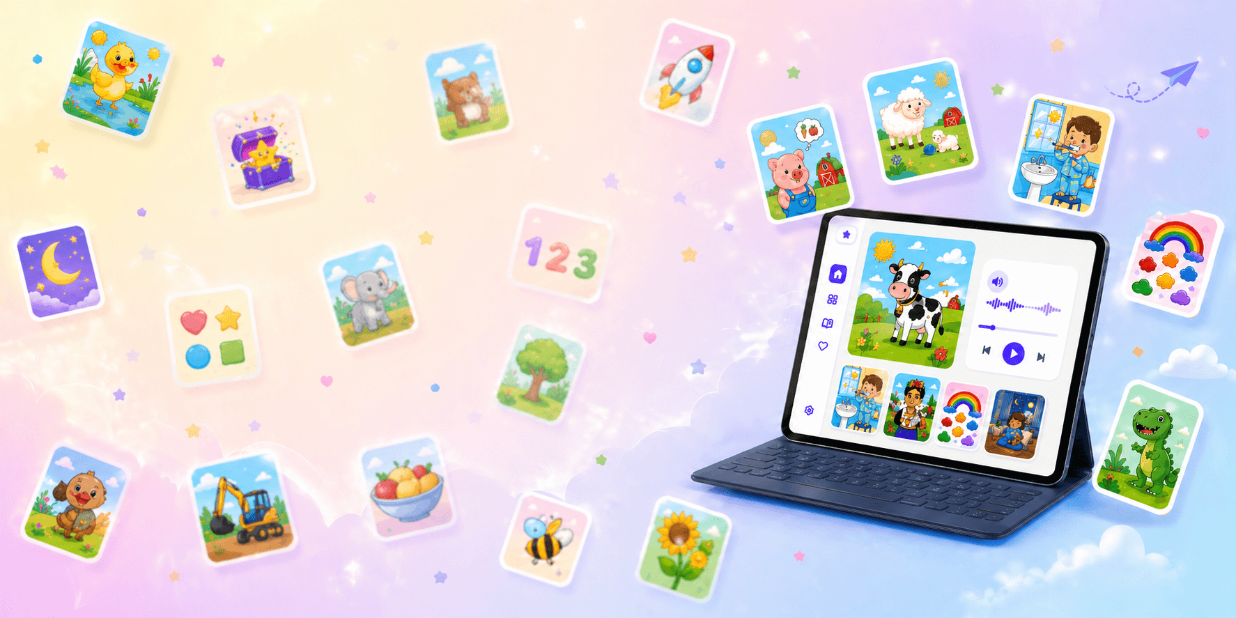 LittleCards product preview showing illustrated flashcards and read-aloud controls