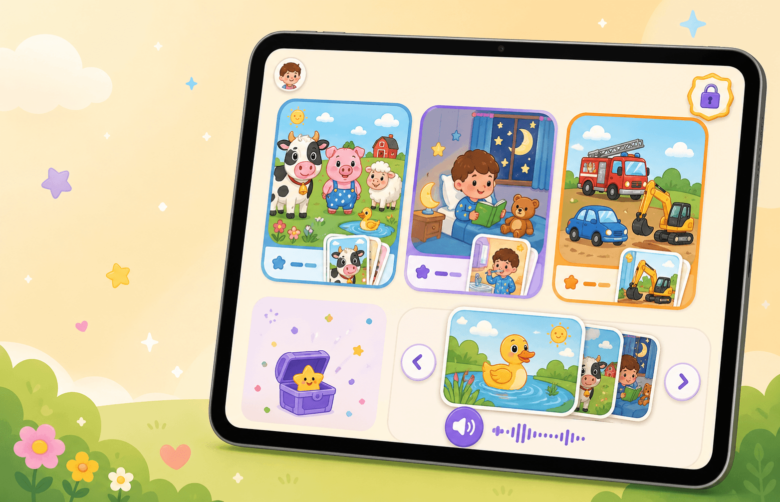 Kids Mode preview with large card set tiles and a parent PIN cue