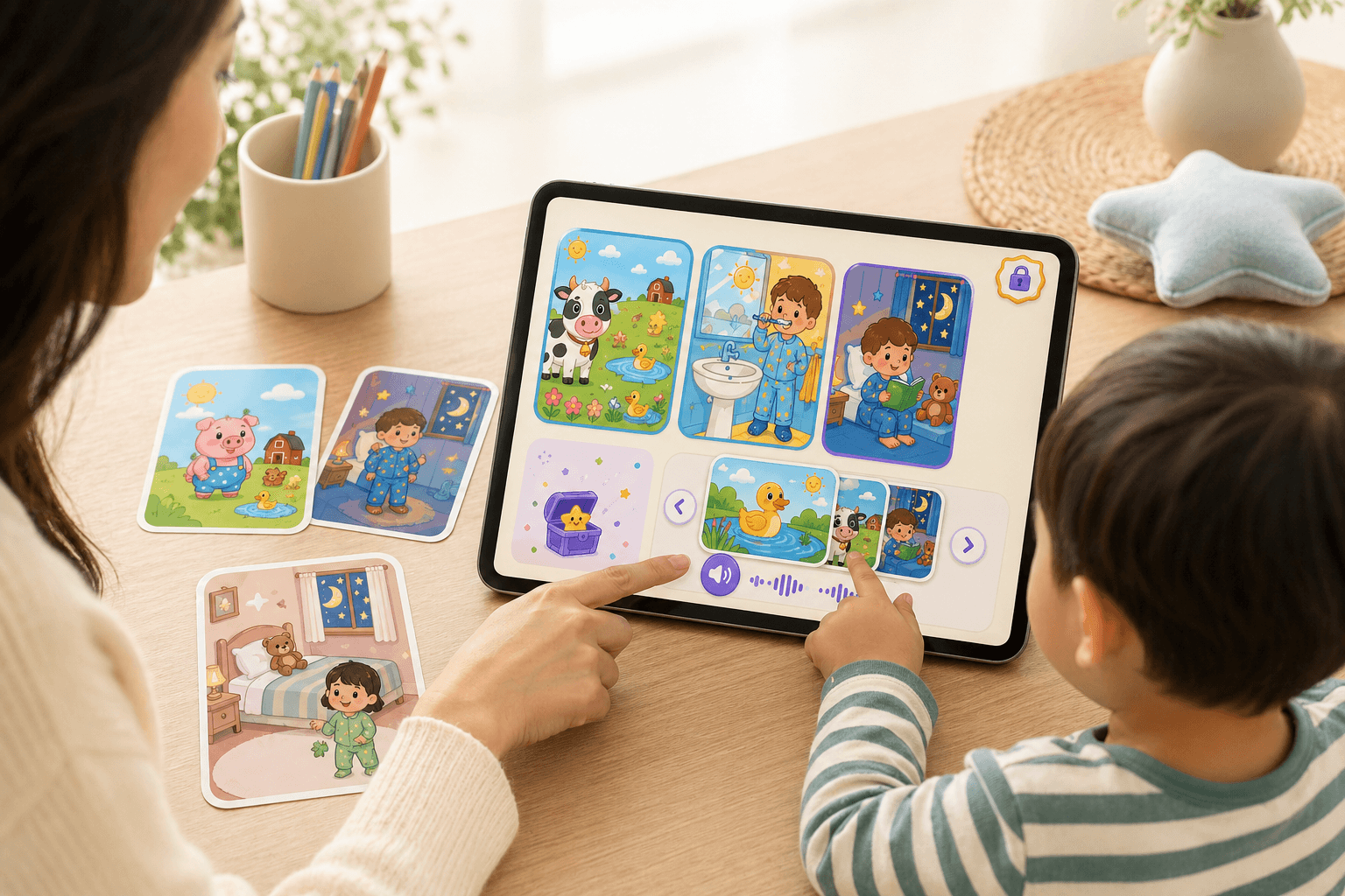 Illustrated parent and child using colorful flashcards at home